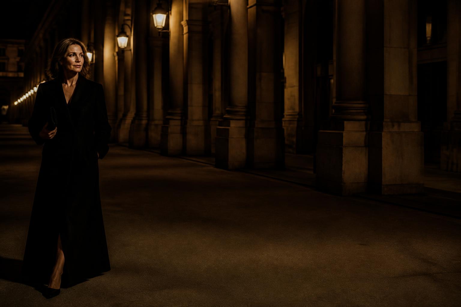 Femme en noir marchant sous les arcades parisiennes